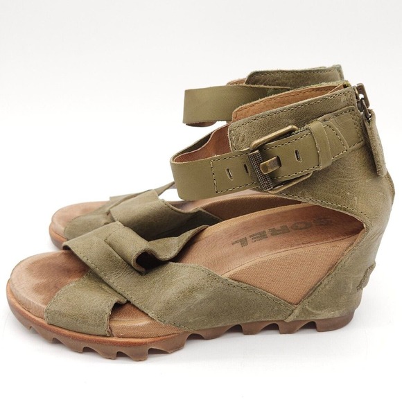Sorel Joanie II (Womens Size 8) Ankle Strap Zip Wedge Open Sandals Green Leather - Picture 2 of 9